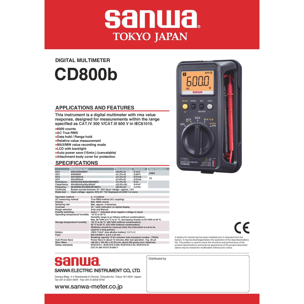 Sanwa CD800B All in One DMM Digital Multimeter with True RMS Portable Multitester