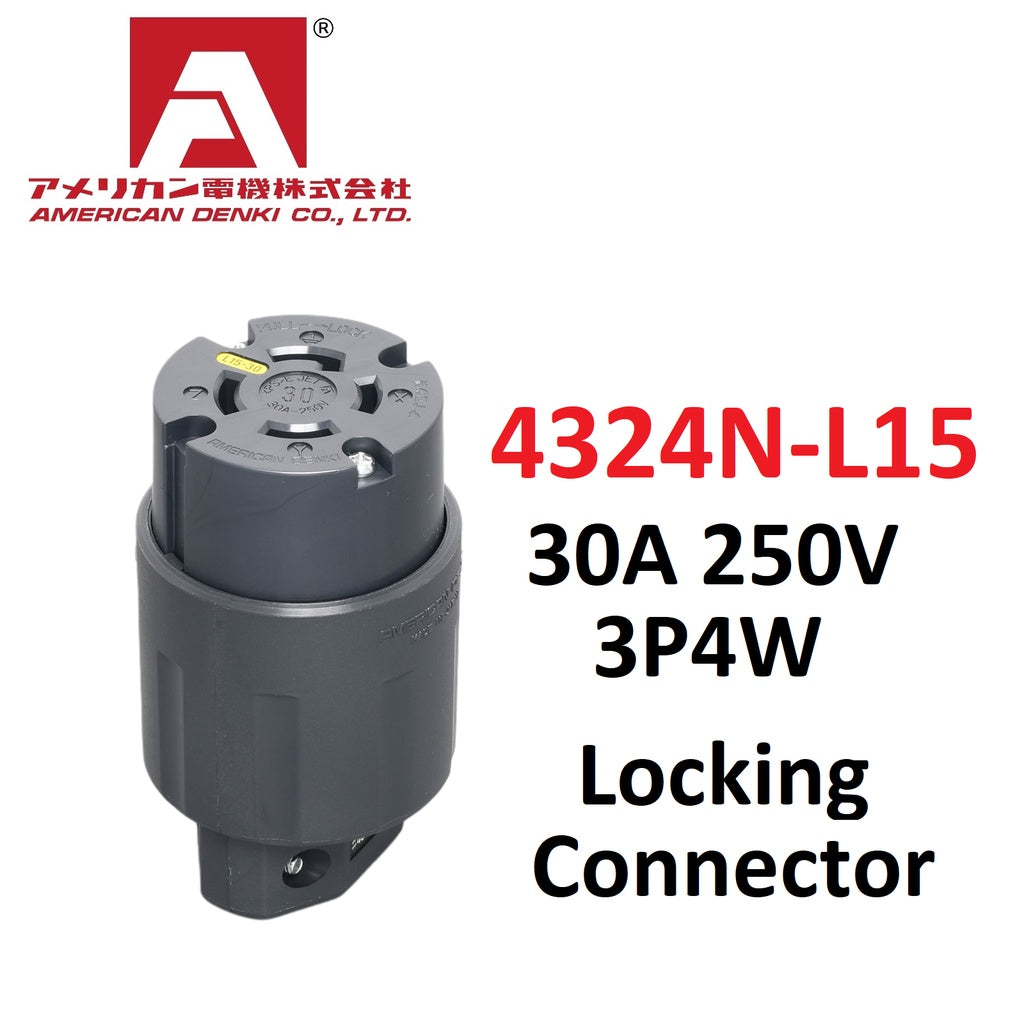 American Denki 4324N-L15 Locking Connector 30A 250V NEMA L15-30 3 Pole 4 Wire Nylon Housing