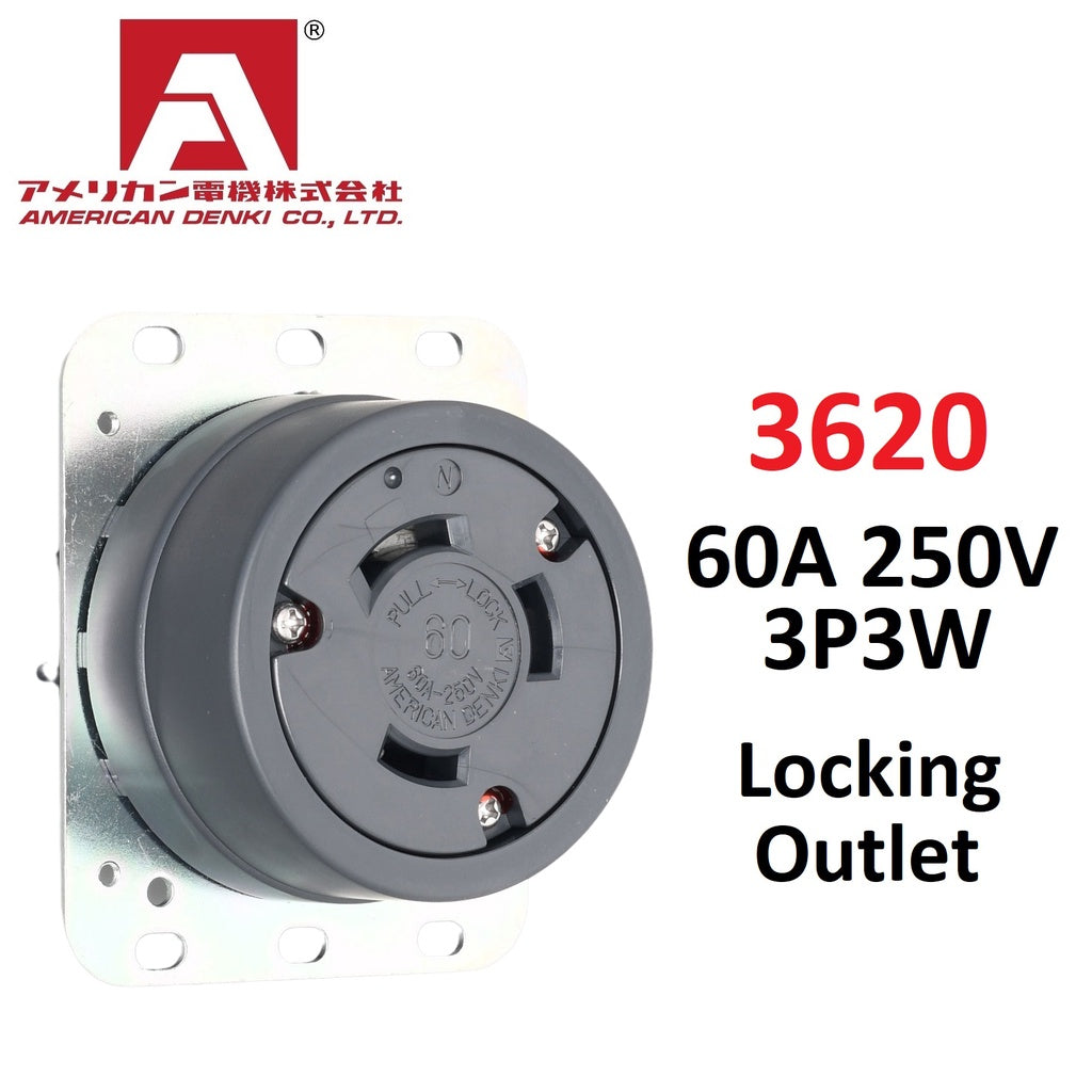 American Denki 3620 Locking Outlet 60A 250V 3 Pole 3 Wire Receptacle