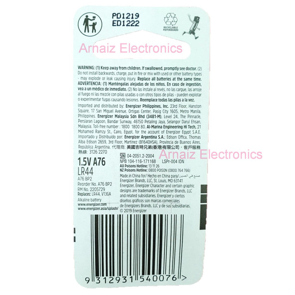 Energizer LR44 A76 Battery (2 pcs) Special Alkaline Button Cell LR-44 A-76 Energizer 76A Batteries
