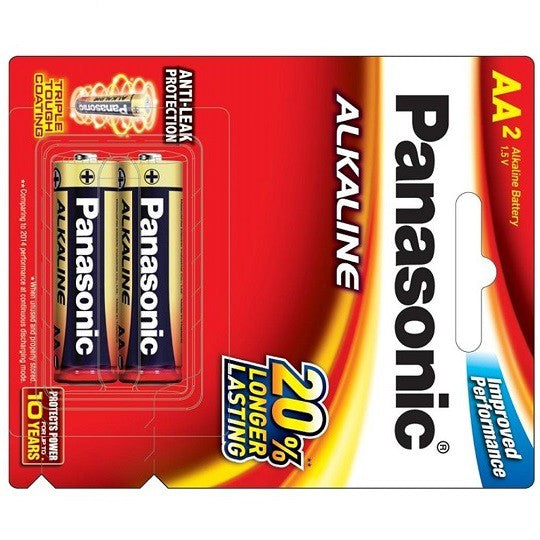 Panasonic AA (2pc) Battery Alkaline Long Lasting 1.5V LR6T/2B Panasonic AA Batteries in Blister Pack