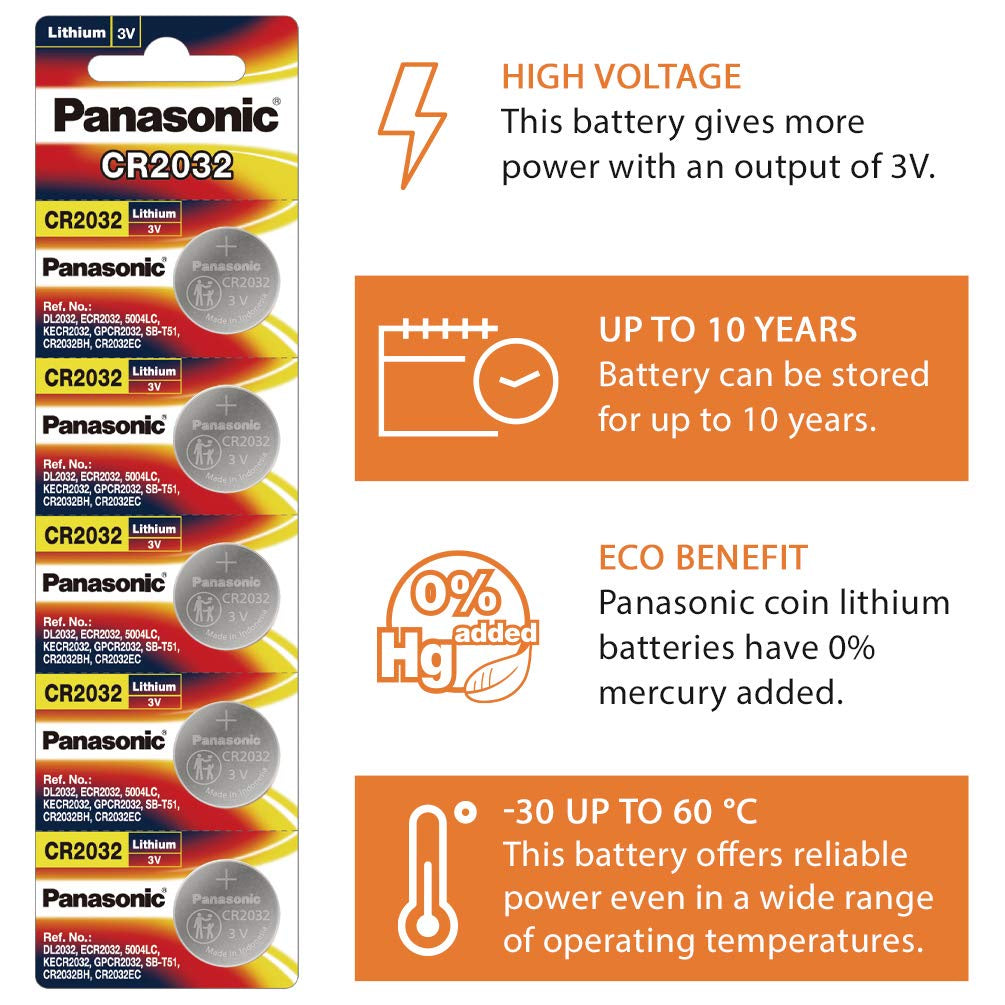 Panasonic CR2032 (5pc) ECR2032 2032 Lithium Coin Cell Button Battery 3V 3 volts Batteries