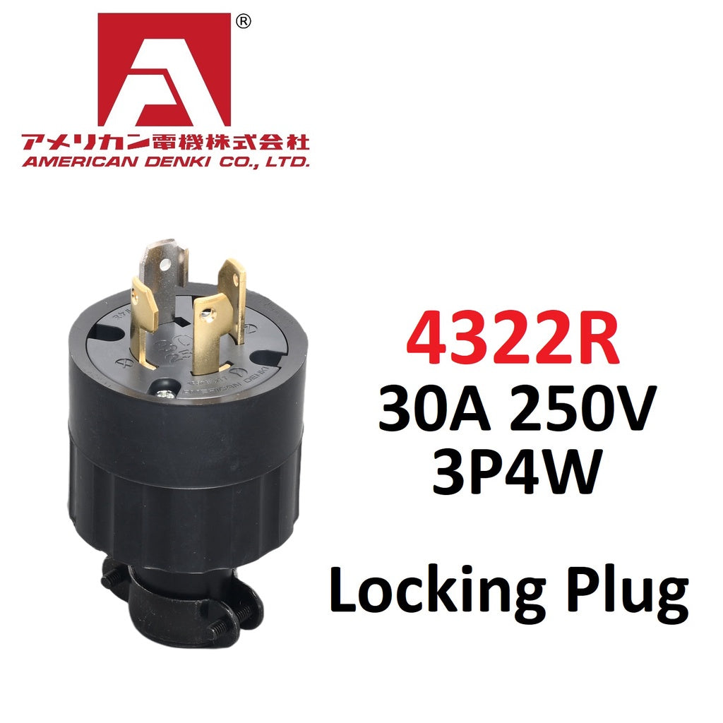American Denki 4322R Locking Plug 30A 250V 3 Pole 4 Wire Grounding Rubber Housing