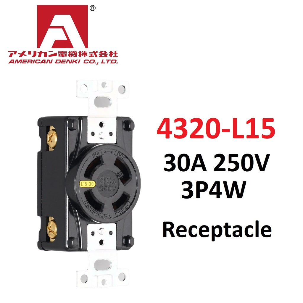 American Denki 4320-L15 Receptacle 30A 250V 3 Pole 4 Wire Grounding NEMA L15-30
