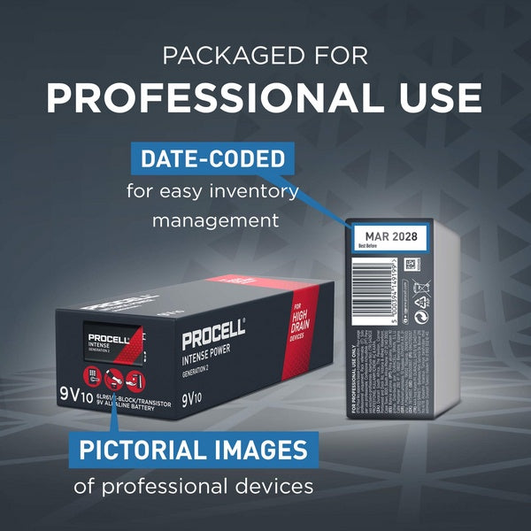 Procell 9V (10pcs) Intense Power Alkaline Battery Industrial Battery MX1604 6LR61 10 pieces per box