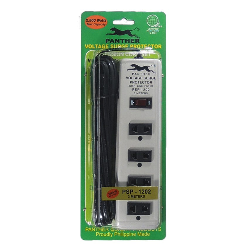Panther 4 Gang Voltage Surge Protector 4 Outlets Extension Cord 3 meters PSP-1202 PSP1202 PSP 1202