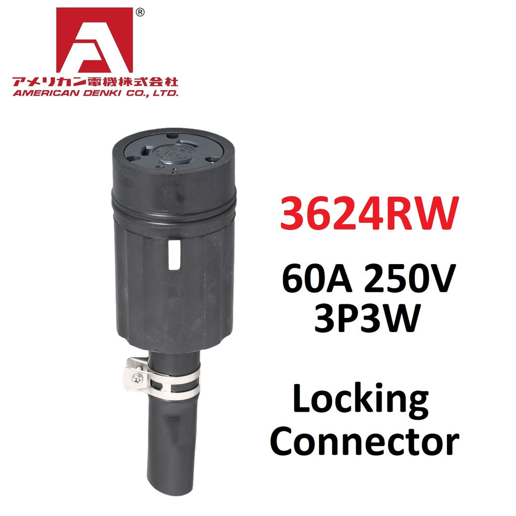 American Denki 3624RW Locking Connector 60A 250V 3 Pole 3 Wire Rubber Housing