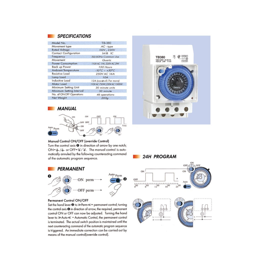 Camsco TB380 24Hr Timer / Time Switch Rail Type Base 24-Hours Timer 24 Hour TB-380 TB 380