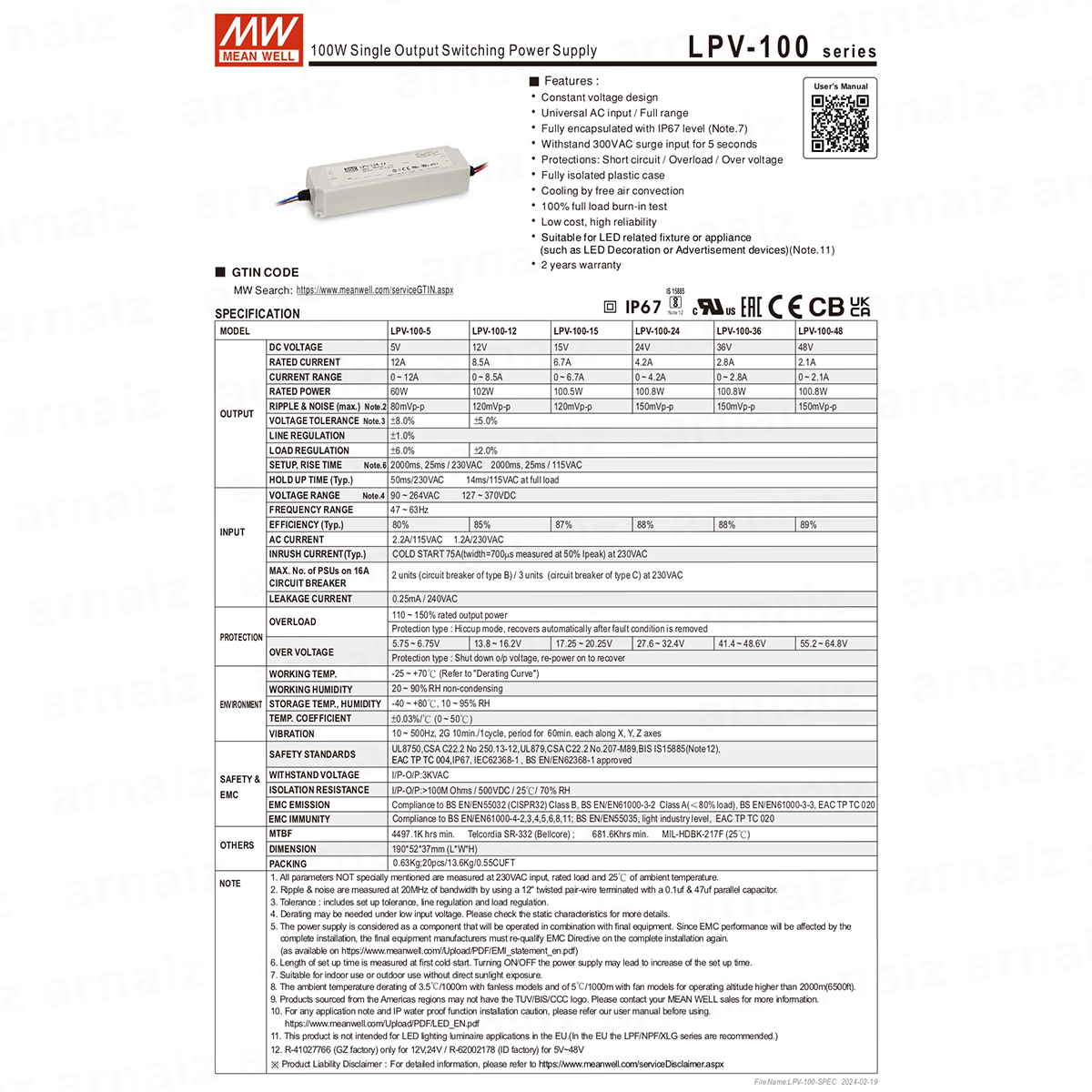 Mean Well LPV-100-12 LED Driver Switching Power Supply 102W 12V Single Output Meanwell AC-DC