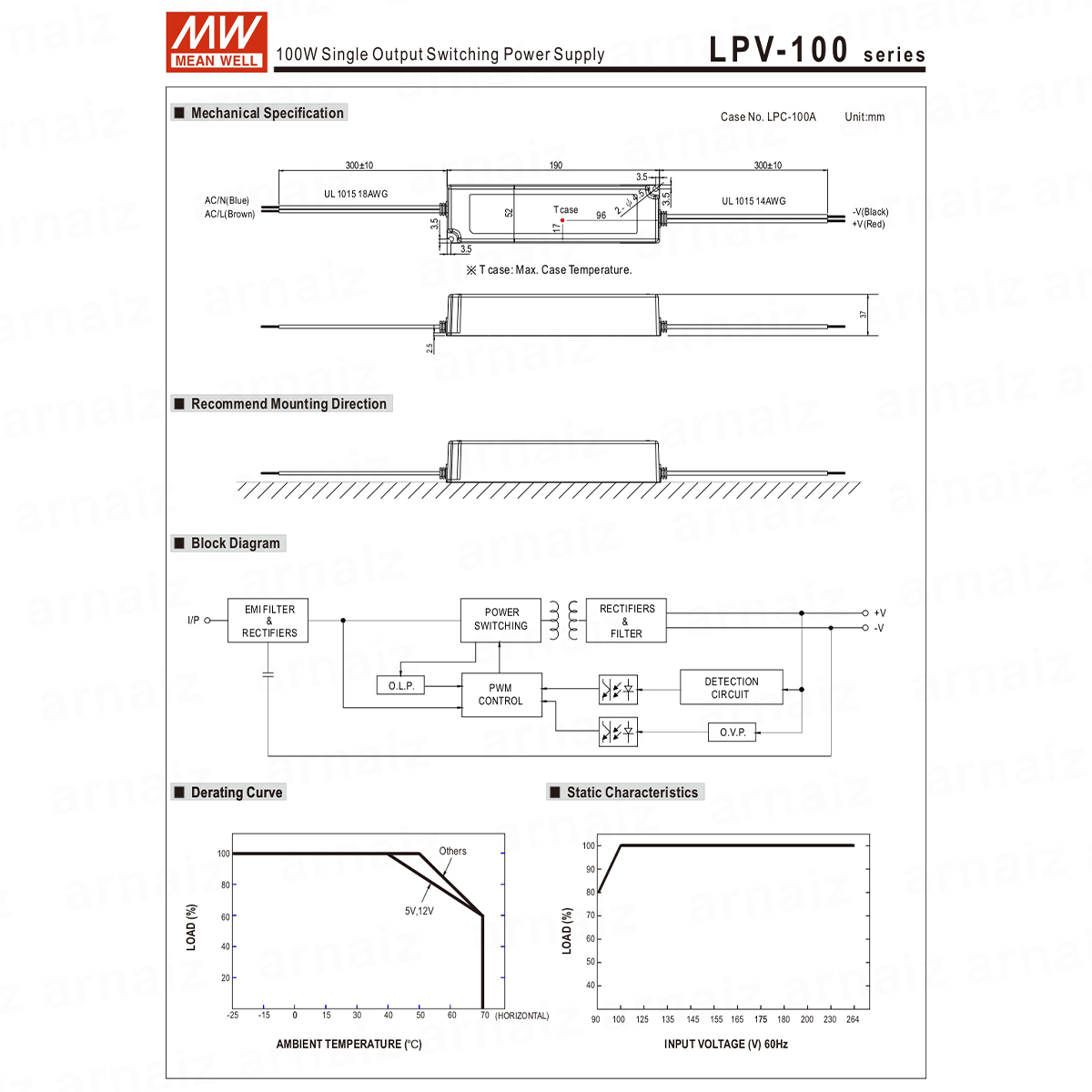 Mean Well LPV-100-12 LED Driver Switching Power Supply 102W 12V Single Output Meanwell AC-DC