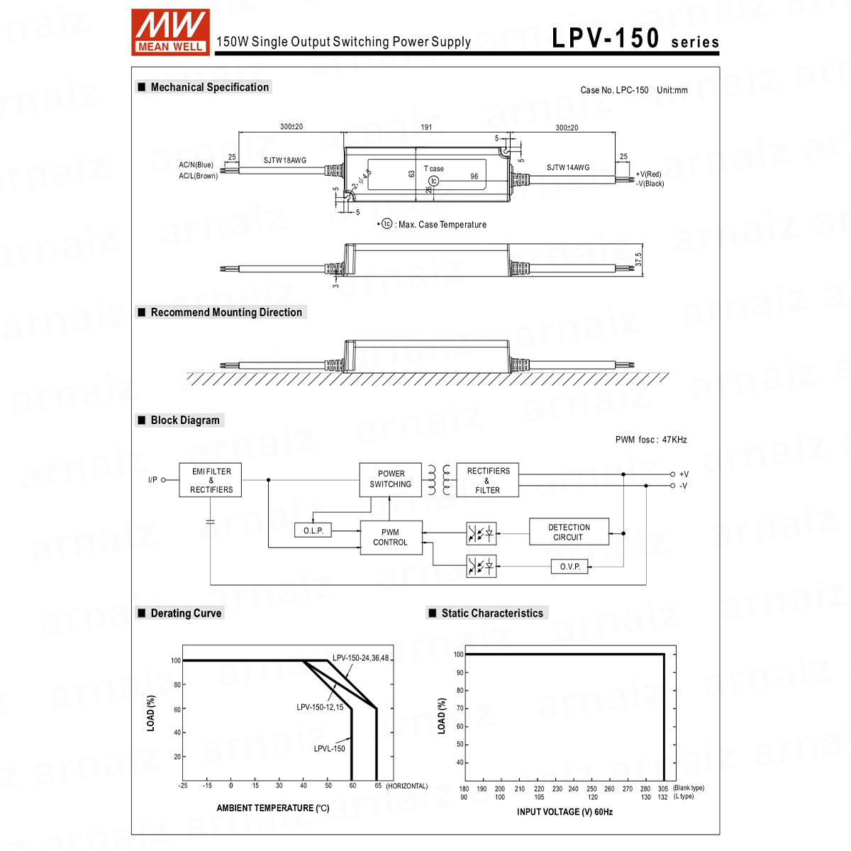 Mean Well LPV-150-12 LED Driver Switching Power Supply 120W 12V Single Output Meanwell AC-DC