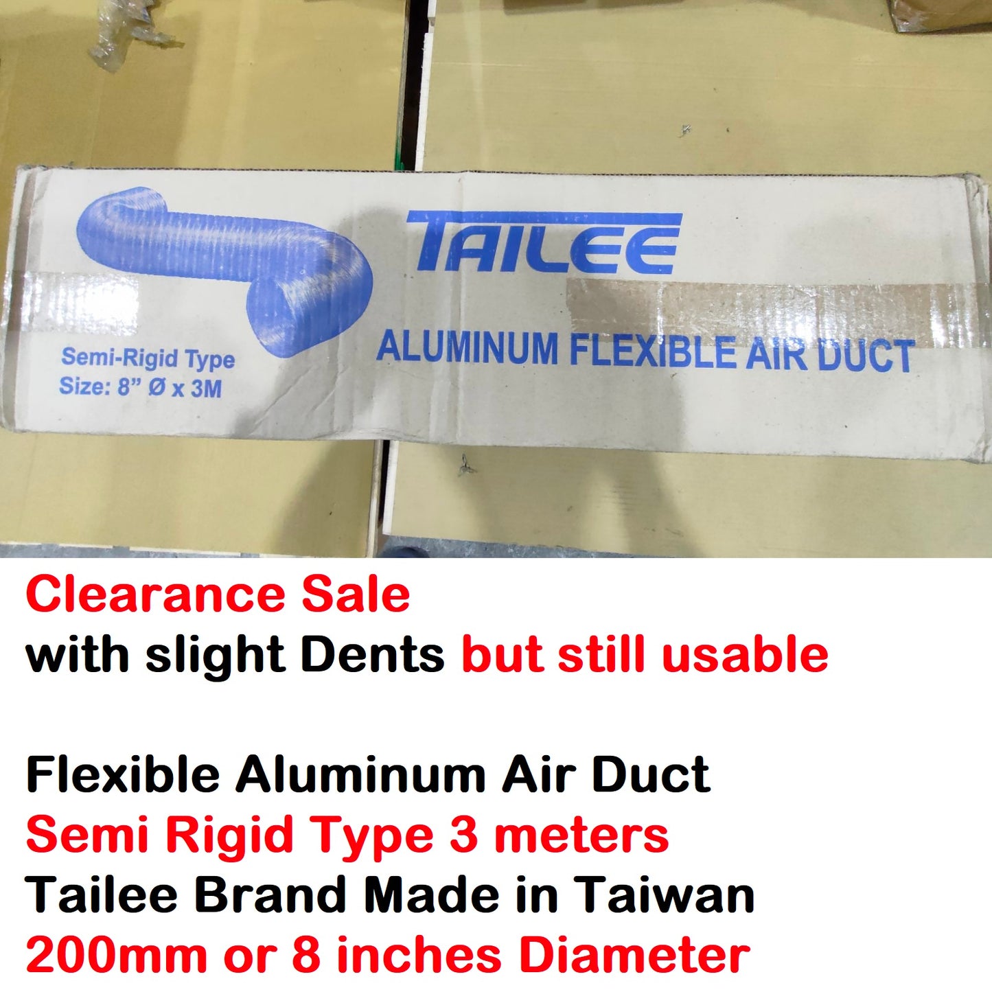 Flexible Aluminum Air Duct Semi Rigid Type (Slight Dents) 200mm 8in by 3m Foil HVAC Tailee