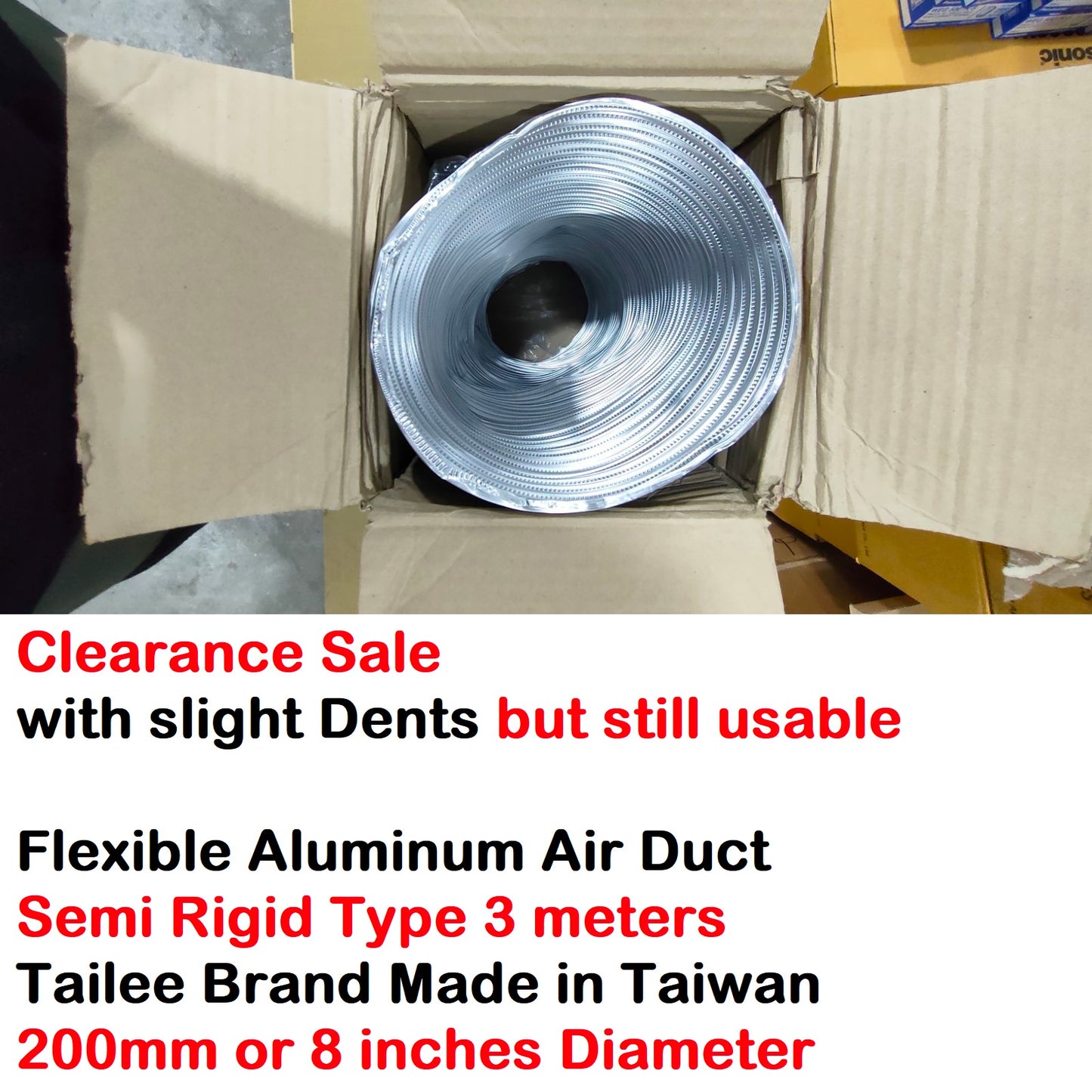 Flexible Aluminum Air Duct Semi Rigid Type (Slight Dents) 200mm 8in by 3m Foil HVAC Tailee