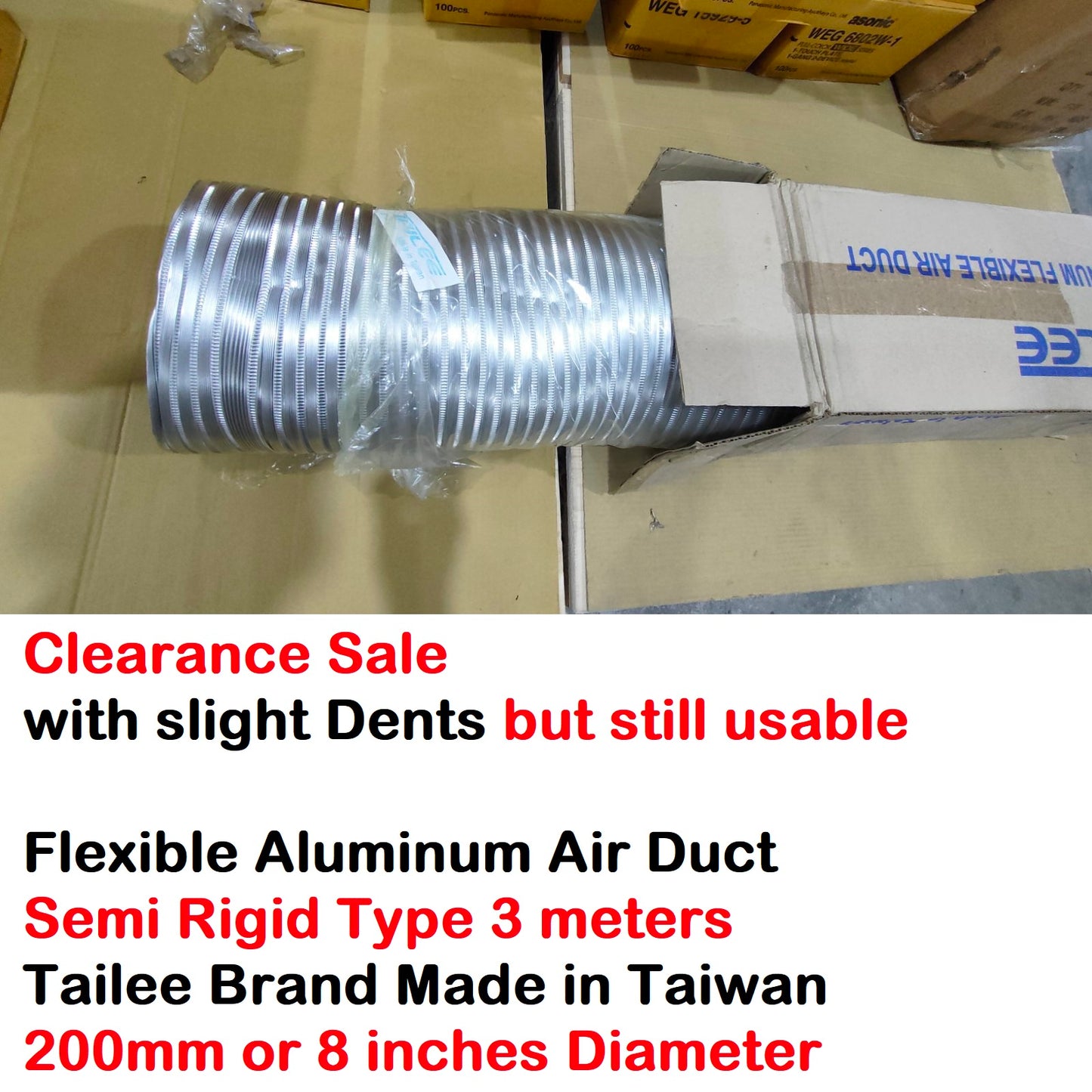 Flexible Aluminum Air Duct Semi Rigid Type (Slight Dents) 200mm 8in by 3m Foil HVAC Tailee
