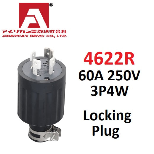 American Denki 4622R Locking Plug 60A 250V 3 Pole 4 Wire Rubber Housing Twist Locking Grounding Plug