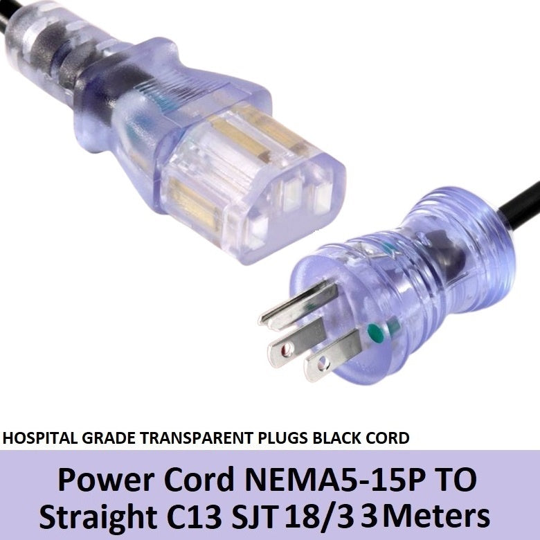 Power Cord NEMA5-15P To Straight C13 18/3 3M Hospital Grade Transparent Plug Black Cord 3 Meters