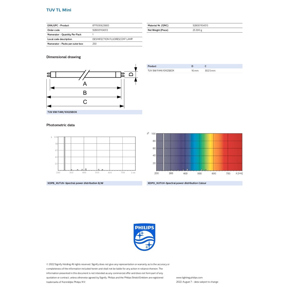 Philips TUV 8W G8T5 FAM/10X25 TL Mini 928001104013 Disinfection Germicidal Lamp UV Lamp G8 T5