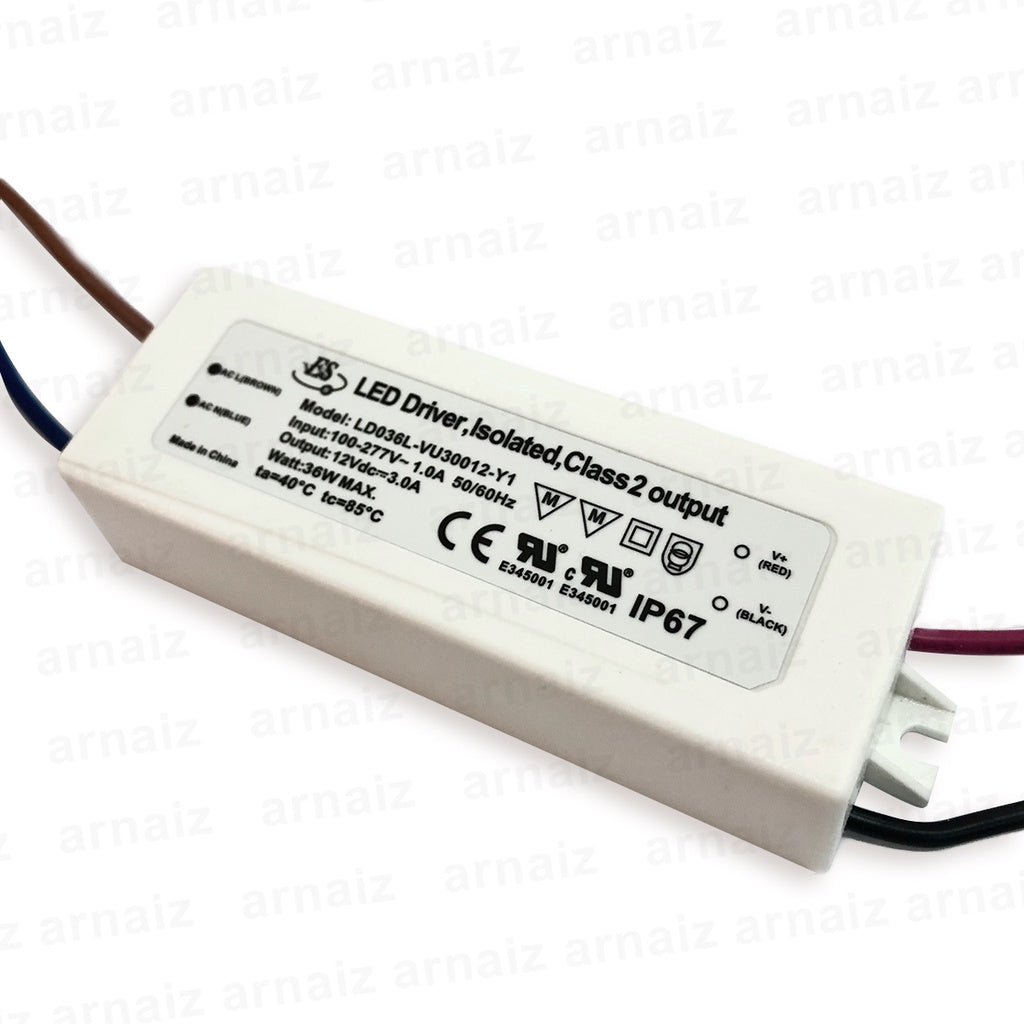 LD036L-VU30012-Y1 AC-DC Constant Voltage LED Driver IP67 IN:110-277VAC OUT:12VDC, 3A 36W Max 36Watts