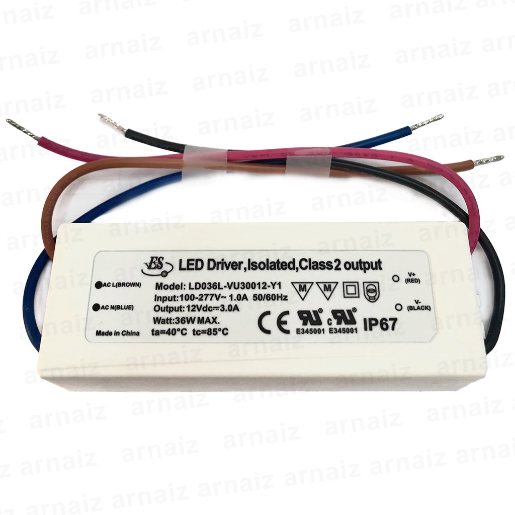 LD036L-VU30012-Y1 AC-DC Constant Voltage LED Driver IP67 IN:110-277VAC OUT:12VDC, 3A 36W Max 36Watts