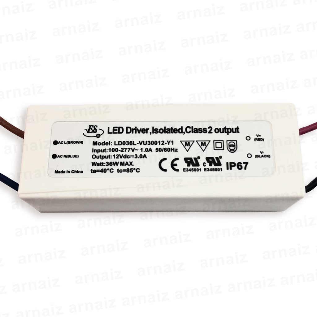 LD036L-VU30012-Y1 AC-DC Constant Voltage LED Driver IP67 IN:110-277VAC OUT:12VDC, 3A 36W Max 36Watts