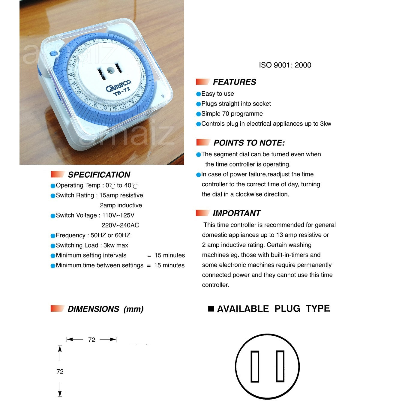 24 Hours Automatic Time Switch TB-72 Camsco Timer Switch TB72