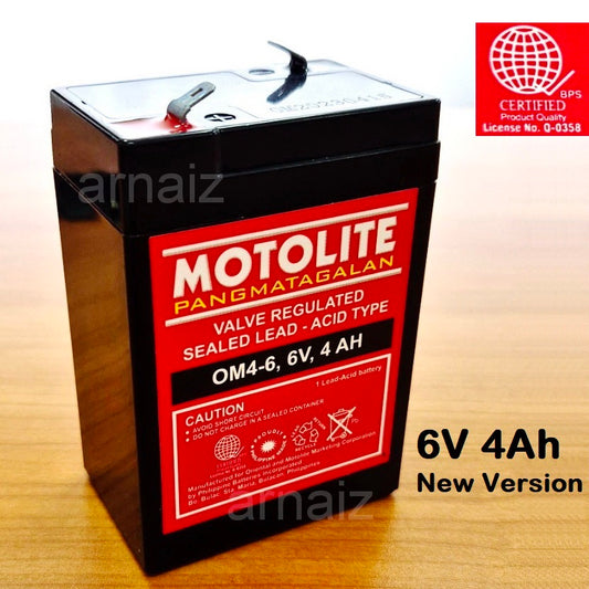 Motolite 6V 4Ah OM4-6 6 Volts 4 Ampere Rechargeable Sealed Lead Acid Battery 6v 4.5Ah Toy Car Batt