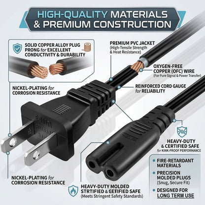 AC CORD 1.5m US PLUG 2 pin AC Power Cable Cord Adapter Compatible With PC Black Number 8 Sony Cord