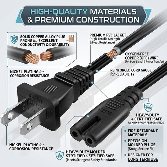 AC CORD 1.5m US PLUG 2 pin AC Power Cable Cord Adapter Compatible With PC Black Number 8 Sony Cord