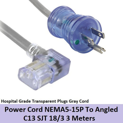 Hospital Grade Power Cord NEMA5 15P TO Angled C13 3 Meters NEMA5-5P 3m Transparent Plugs Gray Cord
