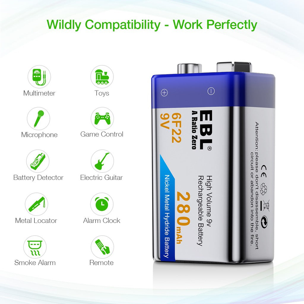 EBL 280mAh 9V Ni-MH Rechargeable Battery 9 Volt 6F22 9 Volts