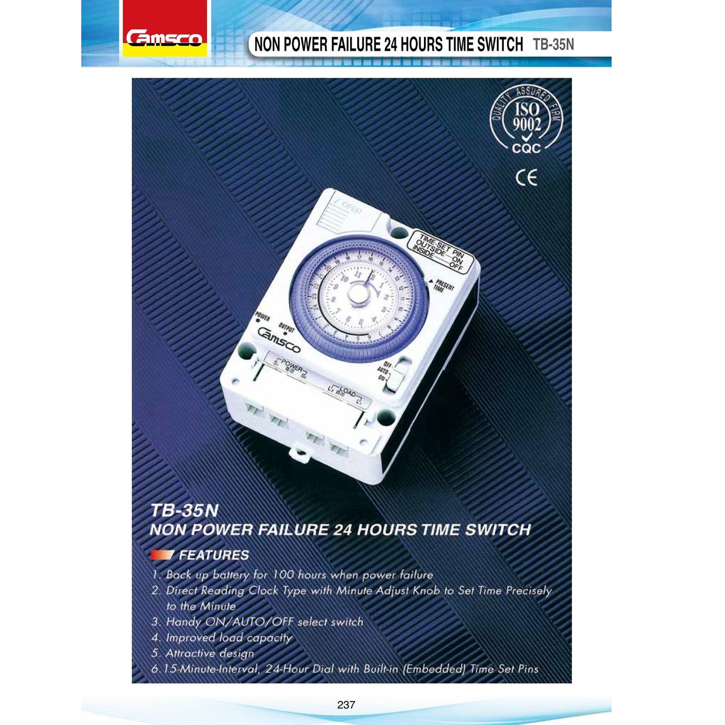 Camsco TB-35N Non Power Failure 24 Hours Timer Time Switch 15A