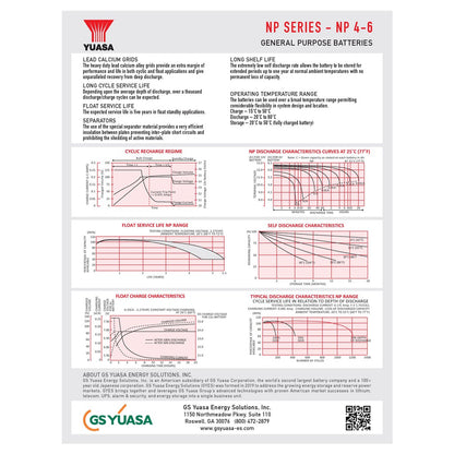 Yuasa 6V 4Ah NP4-6 6 Volts 4 Ampere Rechargeable Sealed Lead Acid Battery Maintenance Free NP 4-6 to