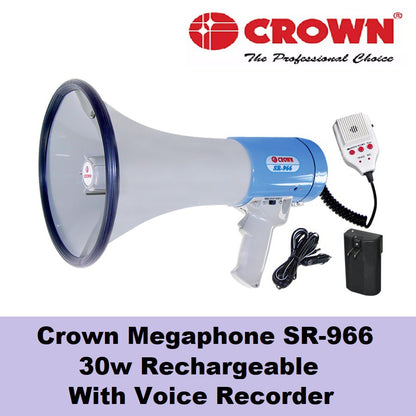 Rechargeable Portable Megaphone 30W Crown SR-966 SR966 SR 966 Talk, Siren, Whistle, Voice Recording