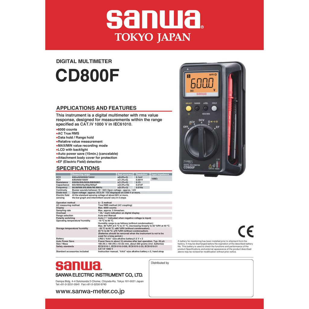 Sanwa CD800F True RMS Cat. IV 1000V AC/DC Digital Multimeter with EF (Electric Field) detection