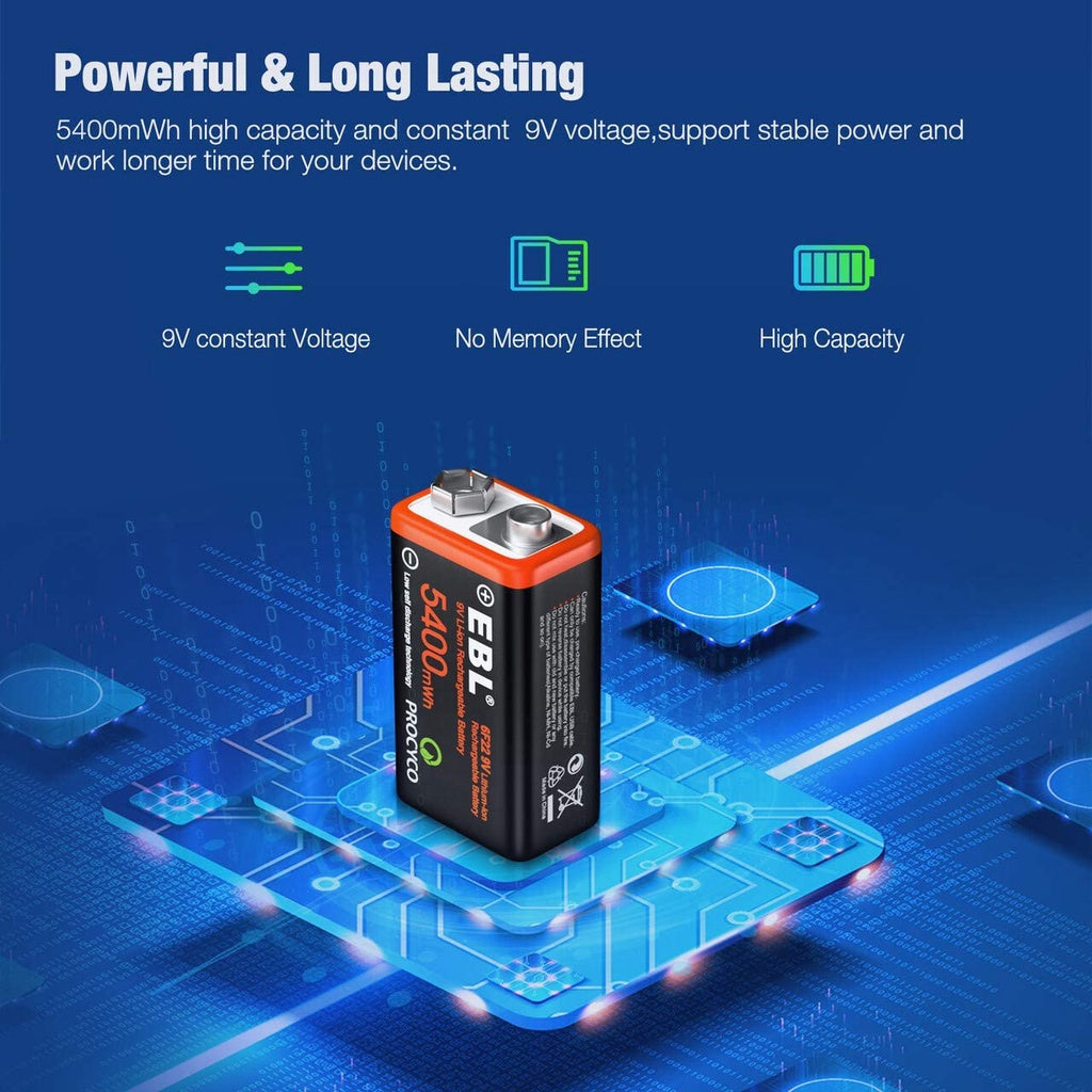 EBL EB-95004 9V 6F22 (4 pcs) Lithium-Ion Rechargeable Batteries with Micro USB Input 5400mWh Battery