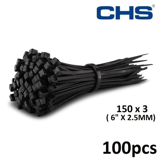 CHS Cable Tie 150 X 3 ( 6" X 2.5MM) 100pcs Black Nylon Cable Zip Ties Cable Management