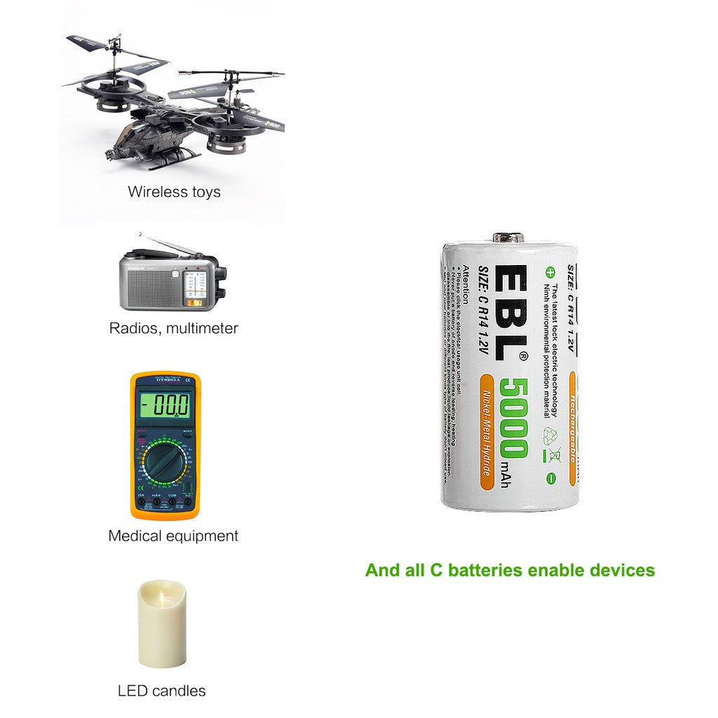 EBL C Size C Cell (2 pcs) 5000mAh Rechargeable Batteries Ni-MH with Case HR14 Rechargeable Battery