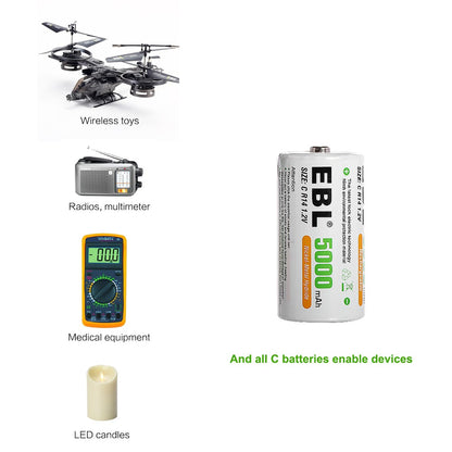 EBL C Size C Cell (2 pcs) 5000mAh Rechargeable Batteries Ni-MH with Case HR14 Rechargeable Battery