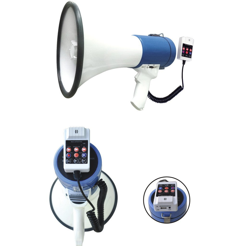 Megaphone 50W Rechargeable Portable Global’s MU-8R Talk, Siren, USB, SD and Recording White Blue HD