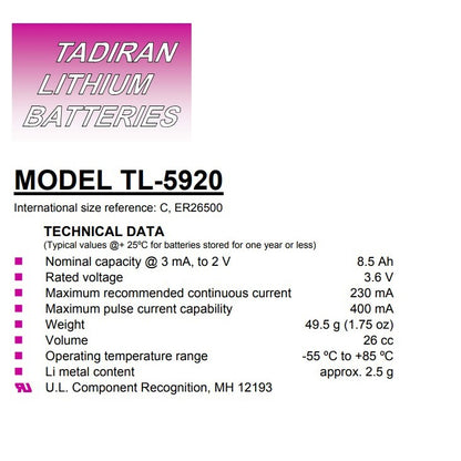 Tadiran TL-5920 Battery size C Lithium Battery 3.6V - non Rechargeable Tadiran TL-5920/S Batteries