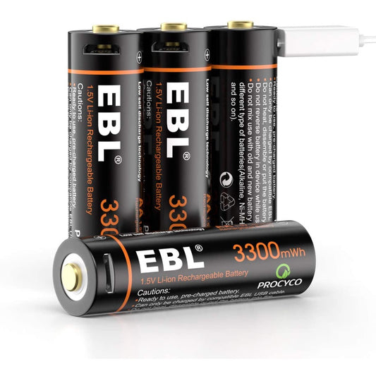 EBL AA (4pcs) USB AA Rechargeable Batteries 1.5V AA Lithium Ion Rechargeable Battery 3300mWh TB1443