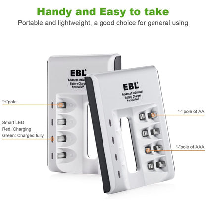 EBL 807 LN-6420 4 Slot AA AAA Battery Charger with LED Indicate Lights USB Type 4 Bay 4 Port