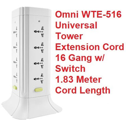 Omni WTE-516 Universal Tower Extension Cord 16 Gang w/ Switch 1.83 Meter Cord Length 2,500W 10A 250V