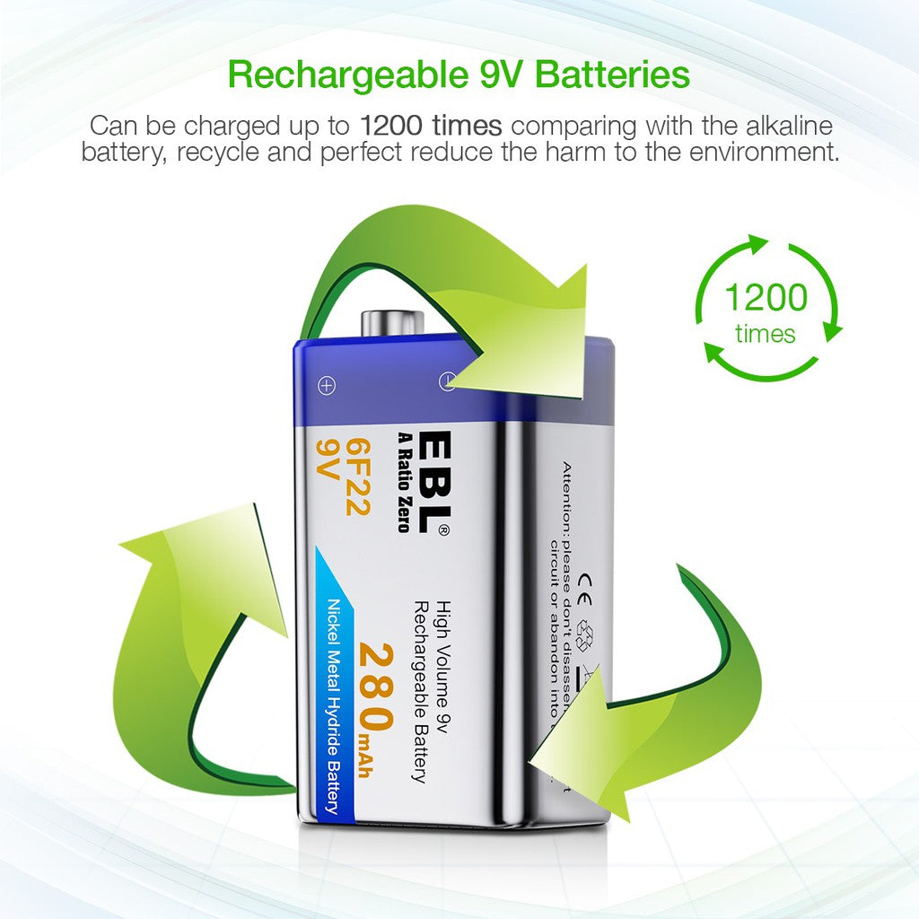 EBL 280mAh 9V Ni-MH Rechargeable Battery 9 Volt 6F22 9 Volts