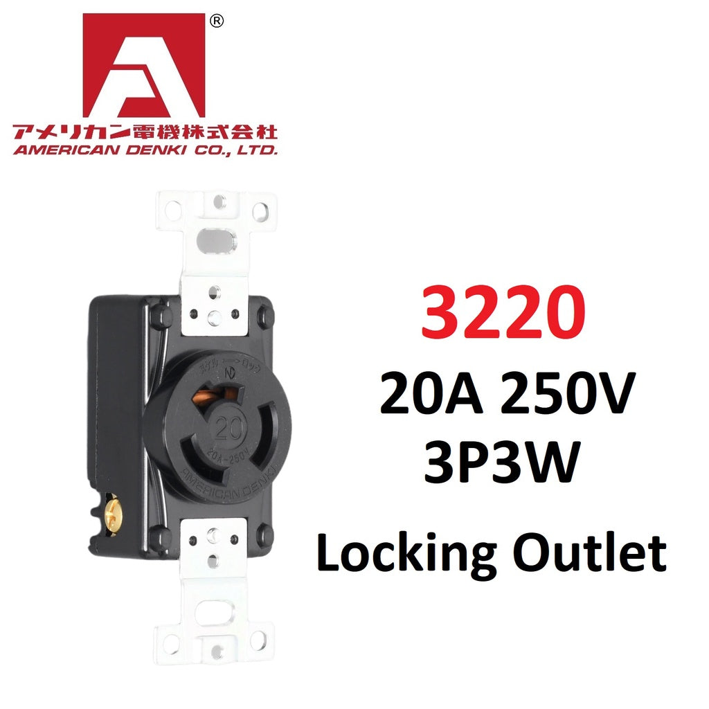 American Denki 3220 Locking Outlet 20A 250V 3 Pole 3 Wire Receptacle