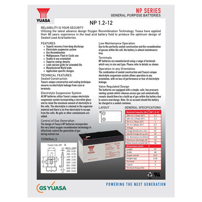 Yuasa 12V 1.2Ah NP1.2-12 12 Volts 1.2 Ampere Rechargeable Sealed Lead Acid Battery Maintenance Free