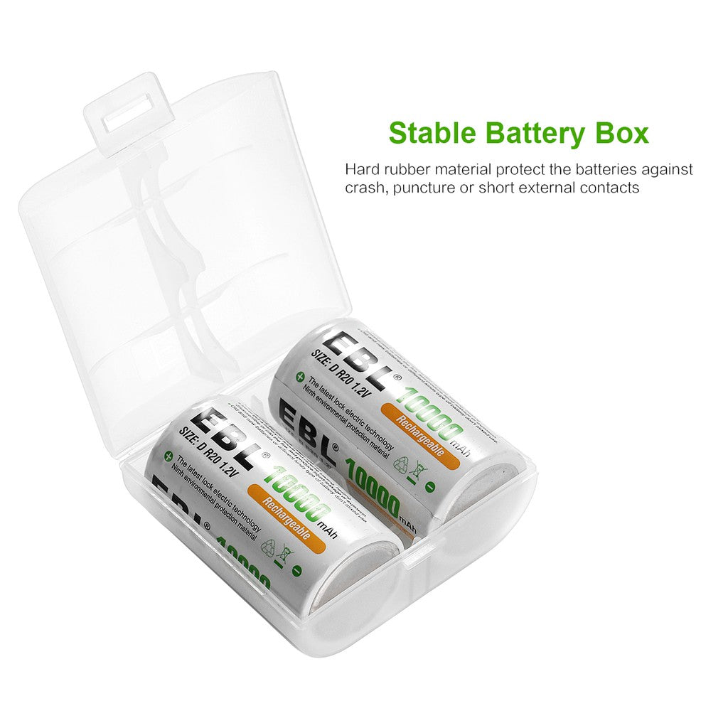 EBL D Size D Cell (2 pcs) 10000mAh Rechargeable Batteries Ni-MH with Case HR20 Rechargeable Battery