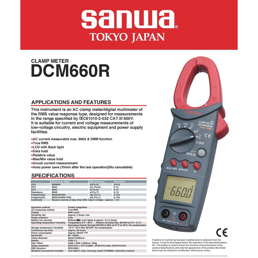 Sanwa DCM660R Clamp Meter AC current measurable max 660A & DMM function