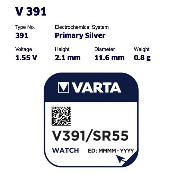 Varta V391 SR55 (1pc) 1.55v Silver Oxide Button Cell Battery Varta V 8GS SR1120W