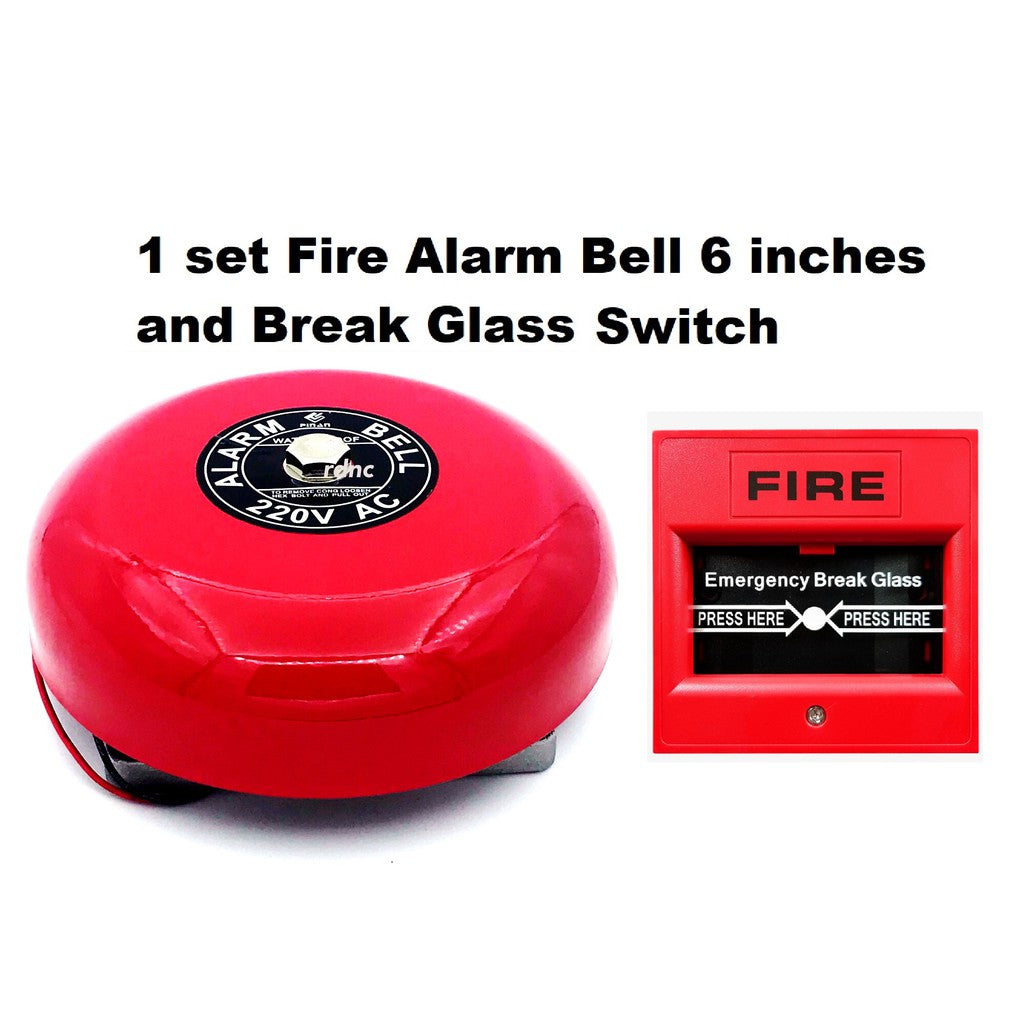 Fire Alarm System Set Fire Alarm Bell 6 inches diameter 220v with Break Glass Call Point Manual Push